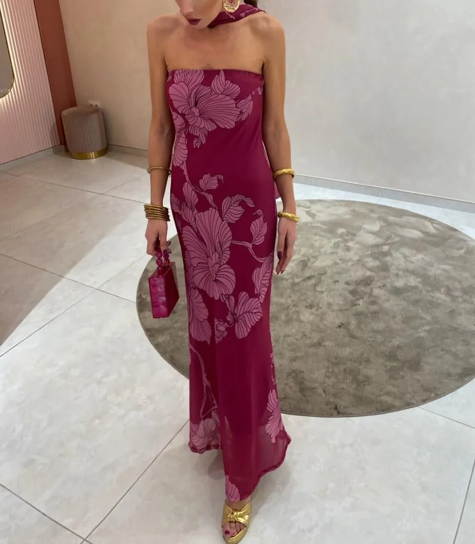 Women Floral Maxi Dress with Scarf Elegant Strapless Backless Bodycon Long Dress Y2k Tube Cocktail Sundress