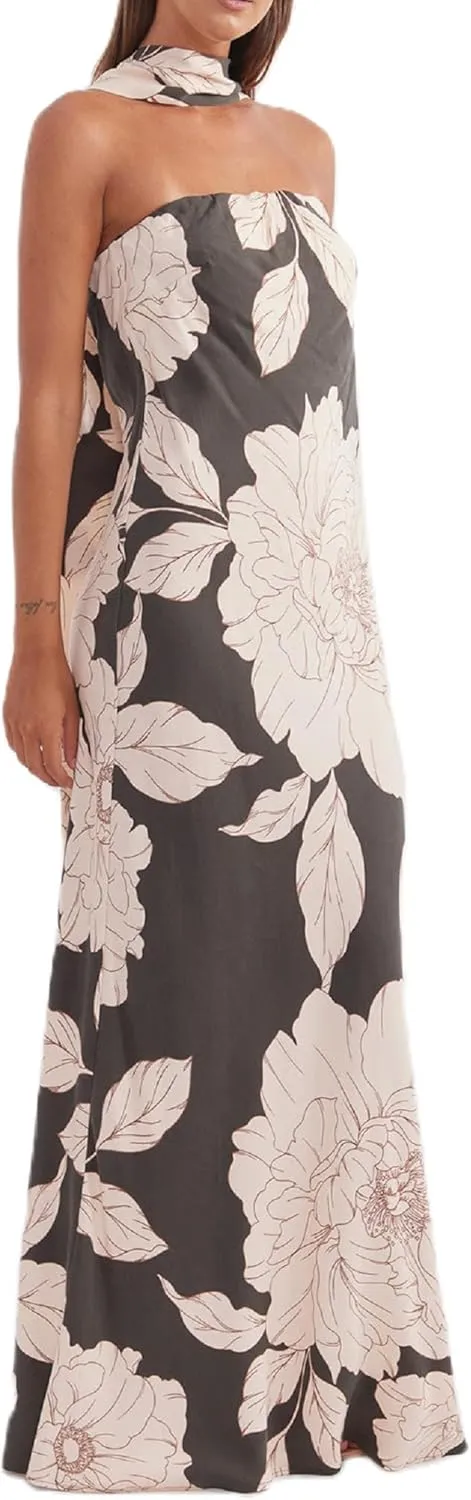 Women Floral Maxi Dress with Scarf Elegant Strapless Backless Bodycon Long Dress Y2k Tube Cocktail Sundress