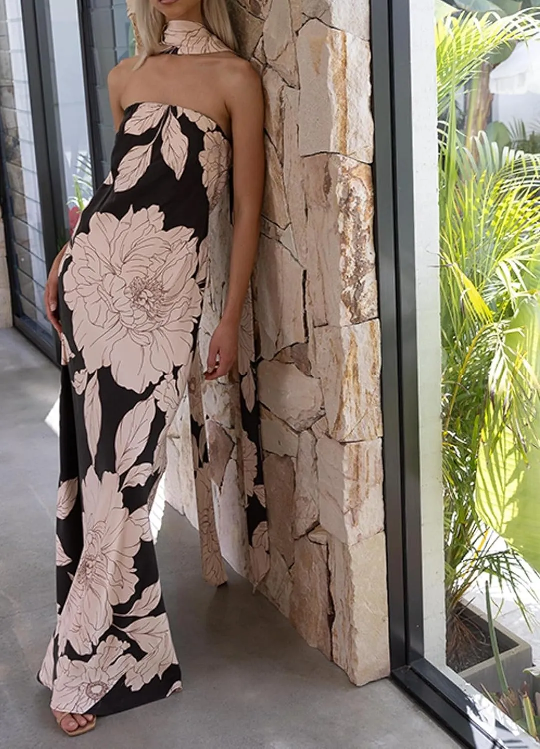 Women Floral Maxi Dress with Scarf Elegant Strapless Backless Bodycon Long Dress Y2k Tube Cocktail Sundress