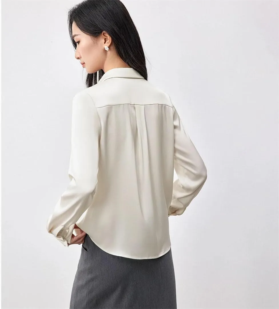 Women Formal Satin Shirt Classic Solid Turn Down Collar Blouse Button Down Work Business Blouse