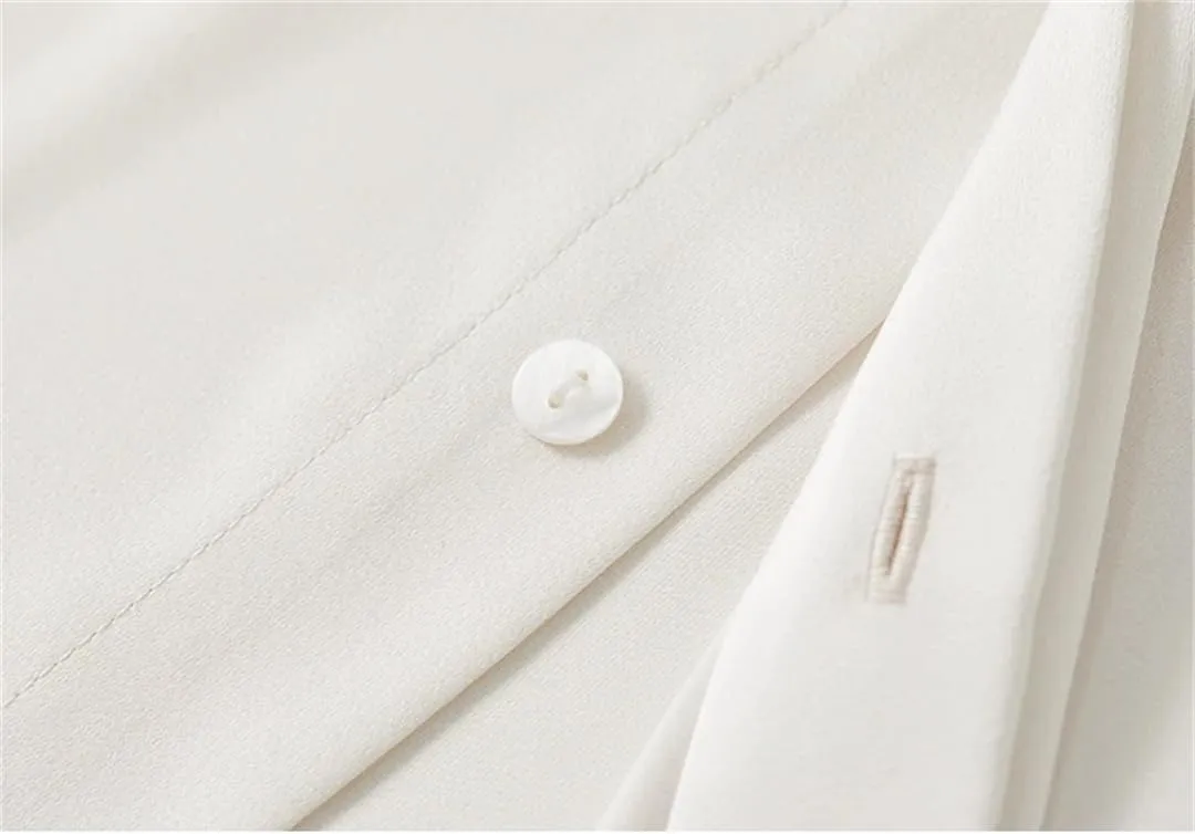 Women Formal Satin Shirt Classic Solid Turn Down Collar Blouse Button Down Work Business Blouse