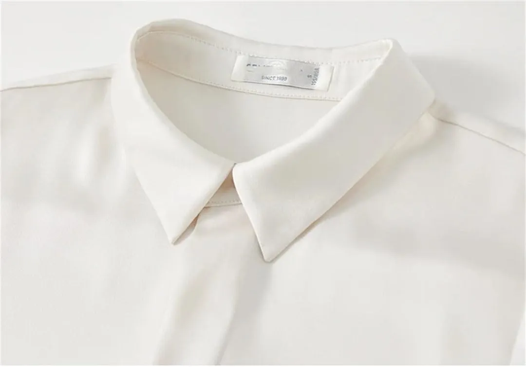 Women Formal Satin Shirt Classic Solid Turn Down Collar Blouse Button Down Work Business Blouse
