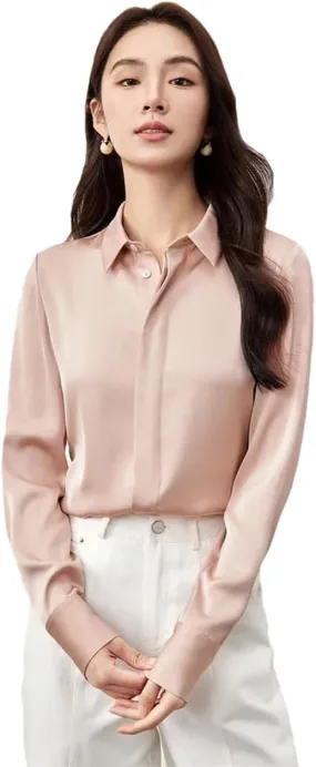 Women Formal Satin Shirt Classic Solid Turn Down Collar Blouse Button Down Work Business Blouse