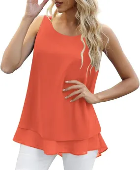 Women Summer Sleeveless Chiffon Shirts, Solid Color Loose Breathable Casual Tank Tops Fashion Ruffle Ruched Hem Clothes