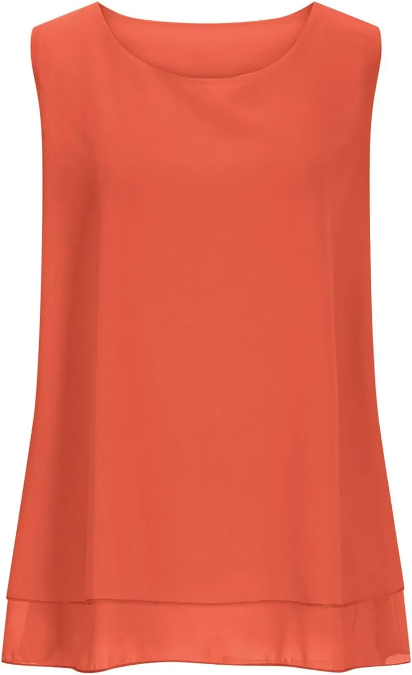 Women Summer Sleeveless Chiffon Shirts, Solid Color Loose Breathable Casual Tank Tops Fashion Ruffle Ruched Hem Clothes
