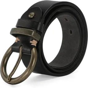 Women's 1.5" Wide Leather Belt with Large Brass Buckle - Trendy Vintage Style for Jeans and Pants