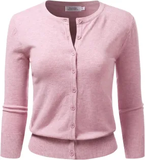 Women's 3/4 Sleeve Crewneck Button Down Knit Sweater Soft Cardigan (S-XXL)