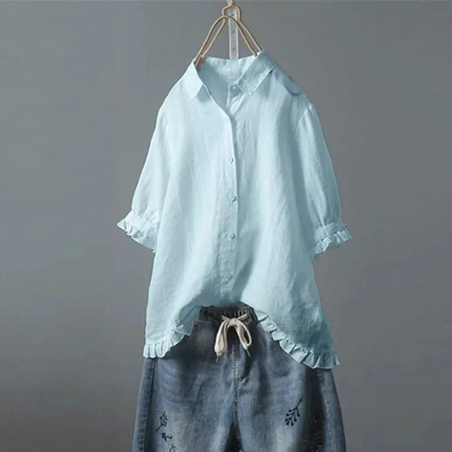 Womens Button Down Shirt Casual 3/4 Sleeve Collared Tops Classiac Fit Cover Shirts Soft Linen Summer Tops Blouses