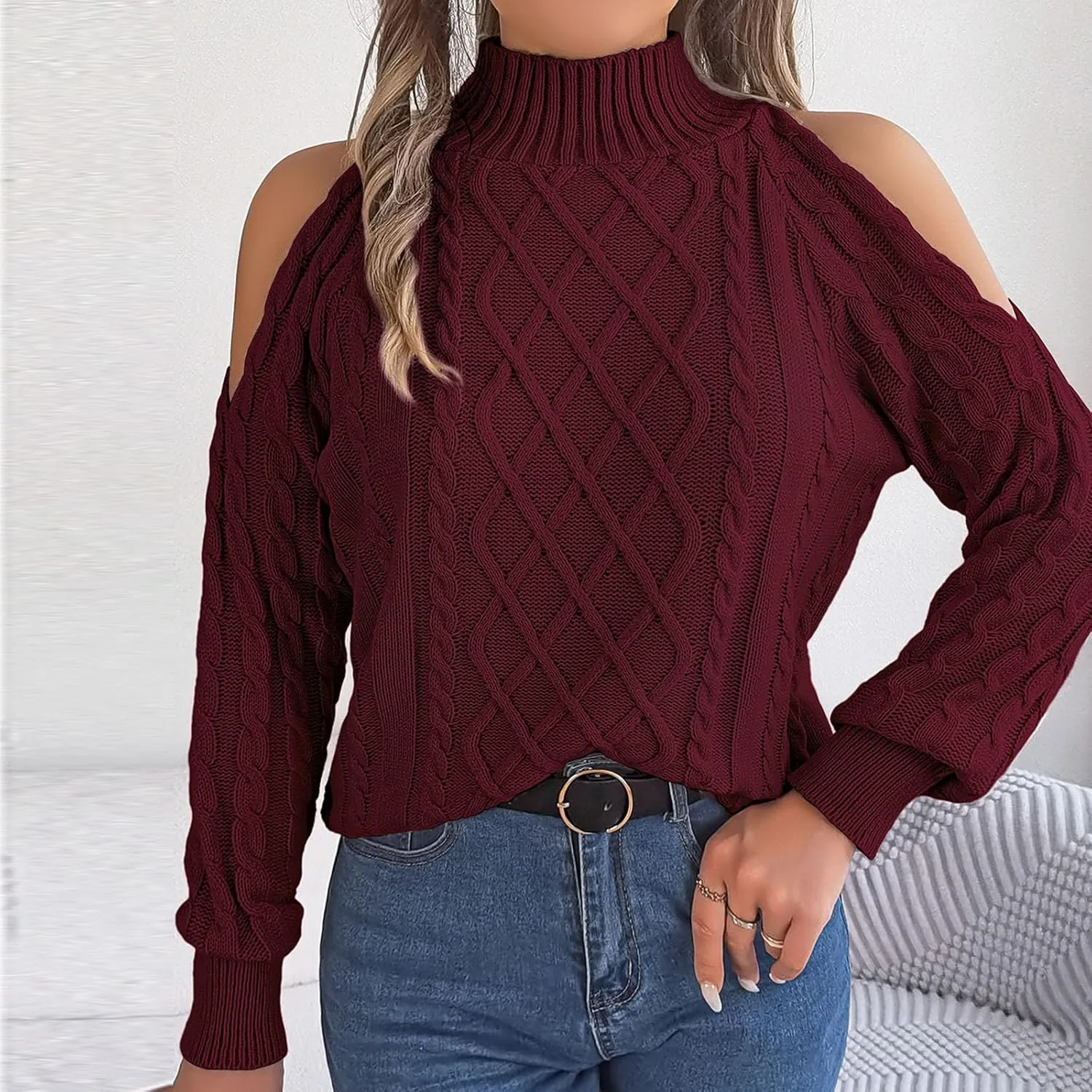 Womens Cold Shoulder Turtleneck Sweaters 2024 Fall Winter Long Sleeve Soft Chunky Cable Knit Pullovers Sexy Jumper Tops