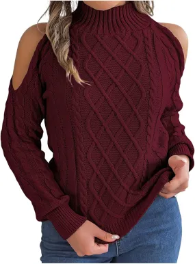 Womens Cold Shoulder Turtleneck Sweaters 2024 Fall Winter Long Sleeve Soft Chunky Cable Knit Pullovers Sexy Jumper Tops