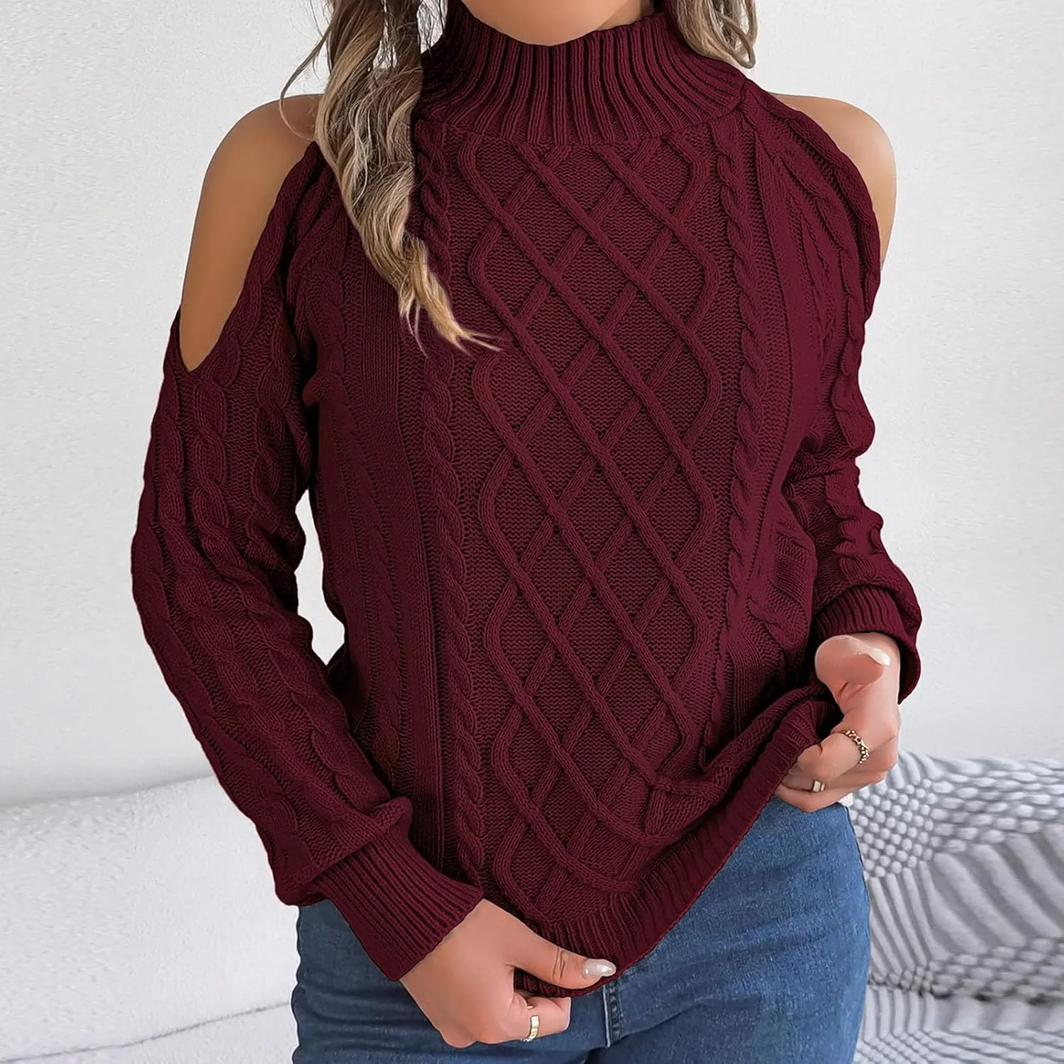 Womens Cold Shoulder Turtleneck Sweaters 2024 Fall Winter Long Sleeve Soft Chunky Cable Knit Pullovers Sexy Jumper Tops