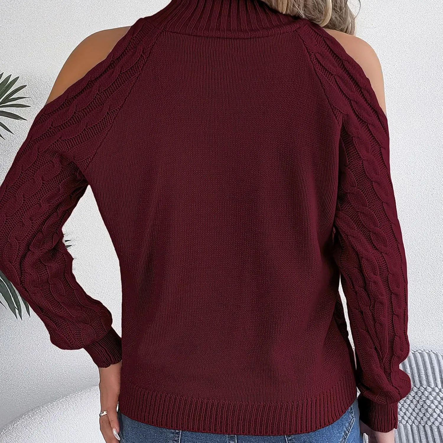 Womens Cold Shoulder Turtleneck Sweaters 2024 Fall Winter Long Sleeve Soft Chunky Cable Knit Pullovers Sexy Jumper Tops