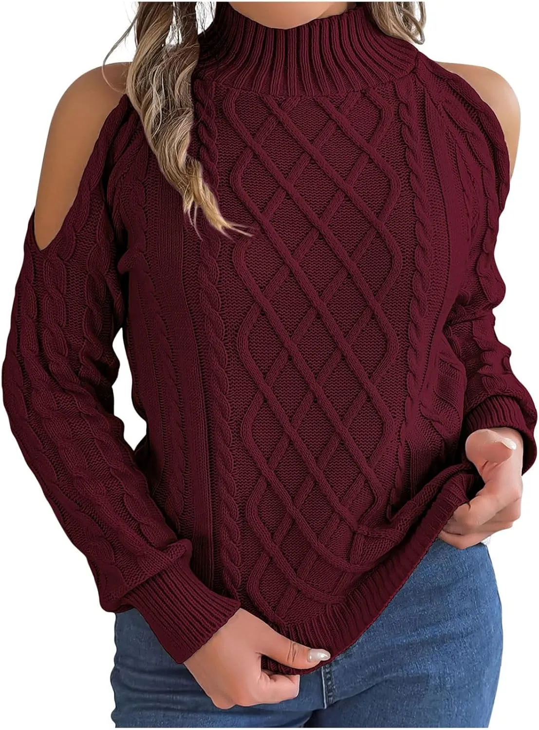 Womens Cold Shoulder Turtleneck Sweaters 2024 Fall Winter Long Sleeve Soft Chunky Cable Knit Pullovers Sexy Jumper Tops