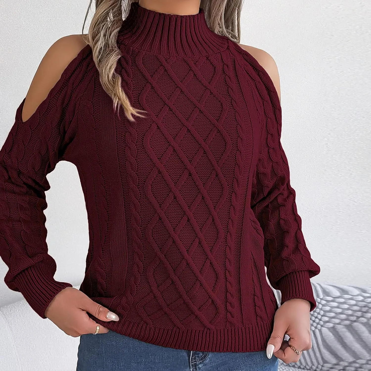 Womens Cold Shoulder Turtleneck Sweaters 2024 Fall Winter Long Sleeve Soft Chunky Cable Knit Pullovers Sexy Jumper Tops