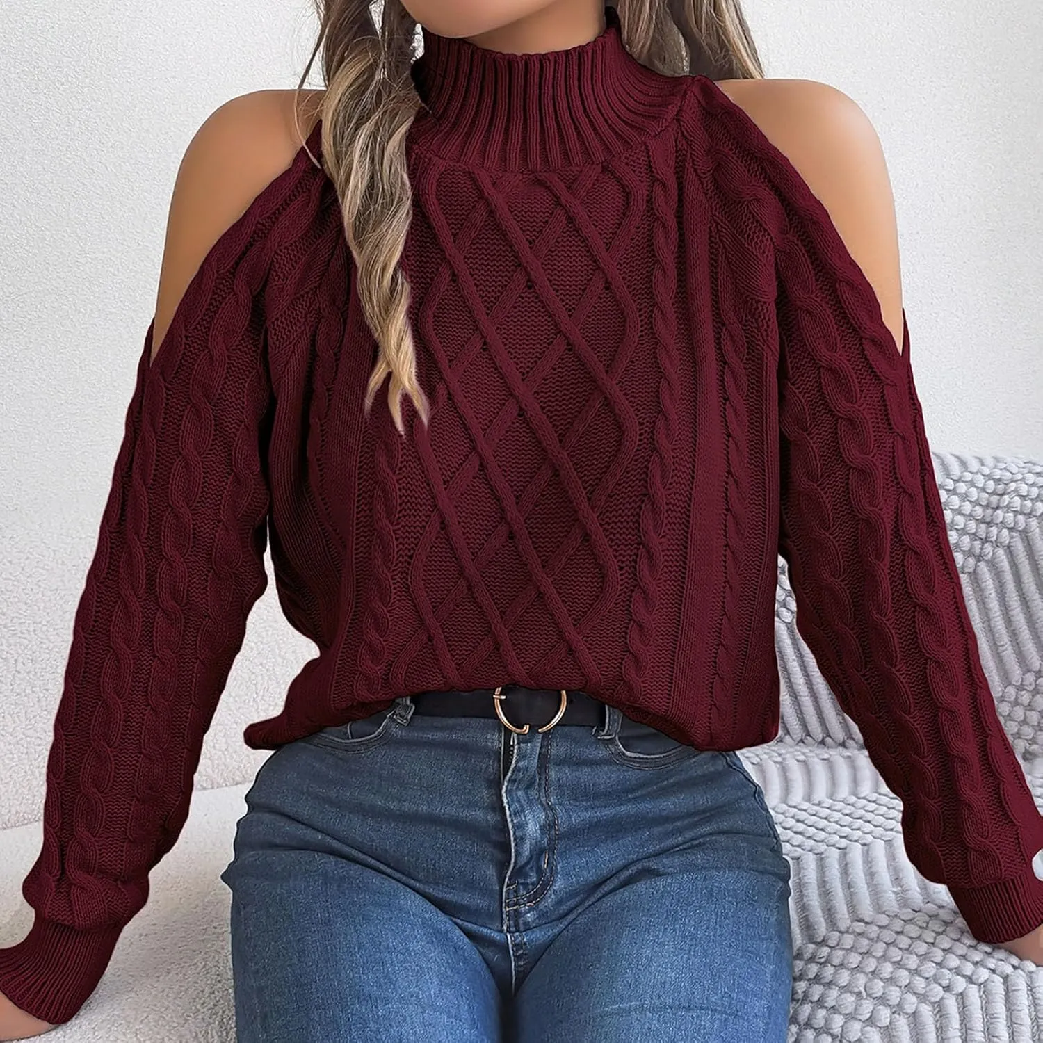 Womens Cold Shoulder Turtleneck Sweaters 2024 Fall Winter Long Sleeve Soft Chunky Cable Knit Pullovers Sexy Jumper Tops
