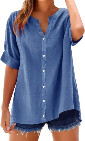 Womens Cotton Linen Shirts 3/4 Sleeve Summer Vacation Tunic Tops Oversized Tshirts Casual V Neck Dressy Blouses