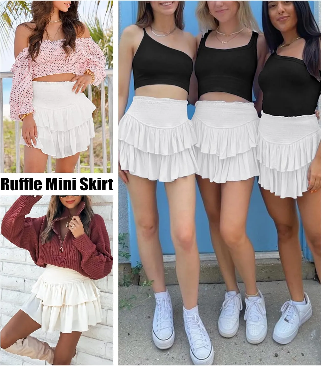 Women's Cute High Waist Ruffle Mini Skirt Layered Ruffle Hem Flared Flowy Casual Swing Beach Mini Short Skirt
