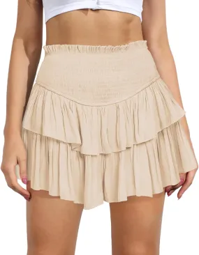 Women's Cute High Waist Ruffle Mini Skirt Layered Ruffle Hem Flared Flowy Casual Swing Beach Mini Short Skirt