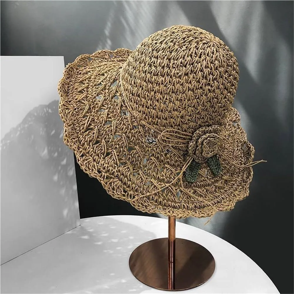Women's Elegant Crochet Straw Hat Fashion Handmade Flower Summer Beach Hat Wide Brim Outdoor Sun Protection Visor Hat