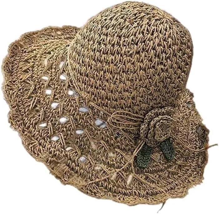 Women's Elegant Crochet Straw Hat Fashion Handmade Flower Summer Beach Hat Wide Brim Outdoor Sun Protection Visor Hat