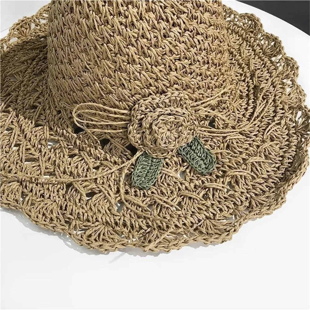 Women's Elegant Crochet Straw Hat Fashion Handmade Flower Summer Beach Hat Wide Brim Outdoor Sun Protection Visor Hat