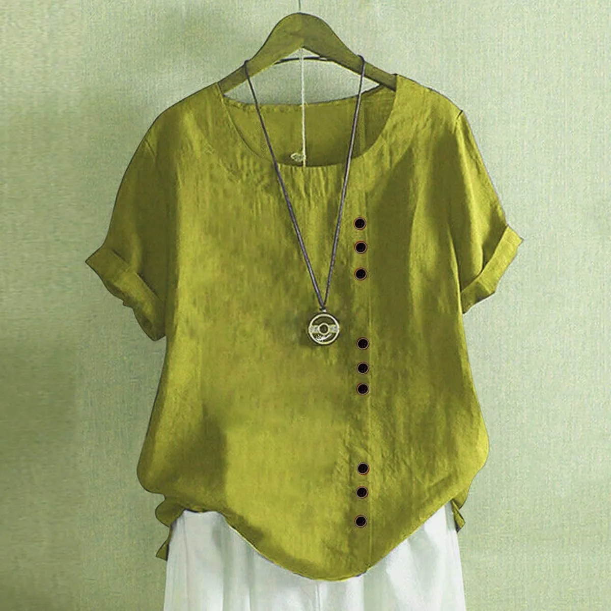 Women's Embroidered T Shirts Summer Cotton Linen Casual Blouse Short Sleeve Round Neck Tops Oversized Boho Tees
