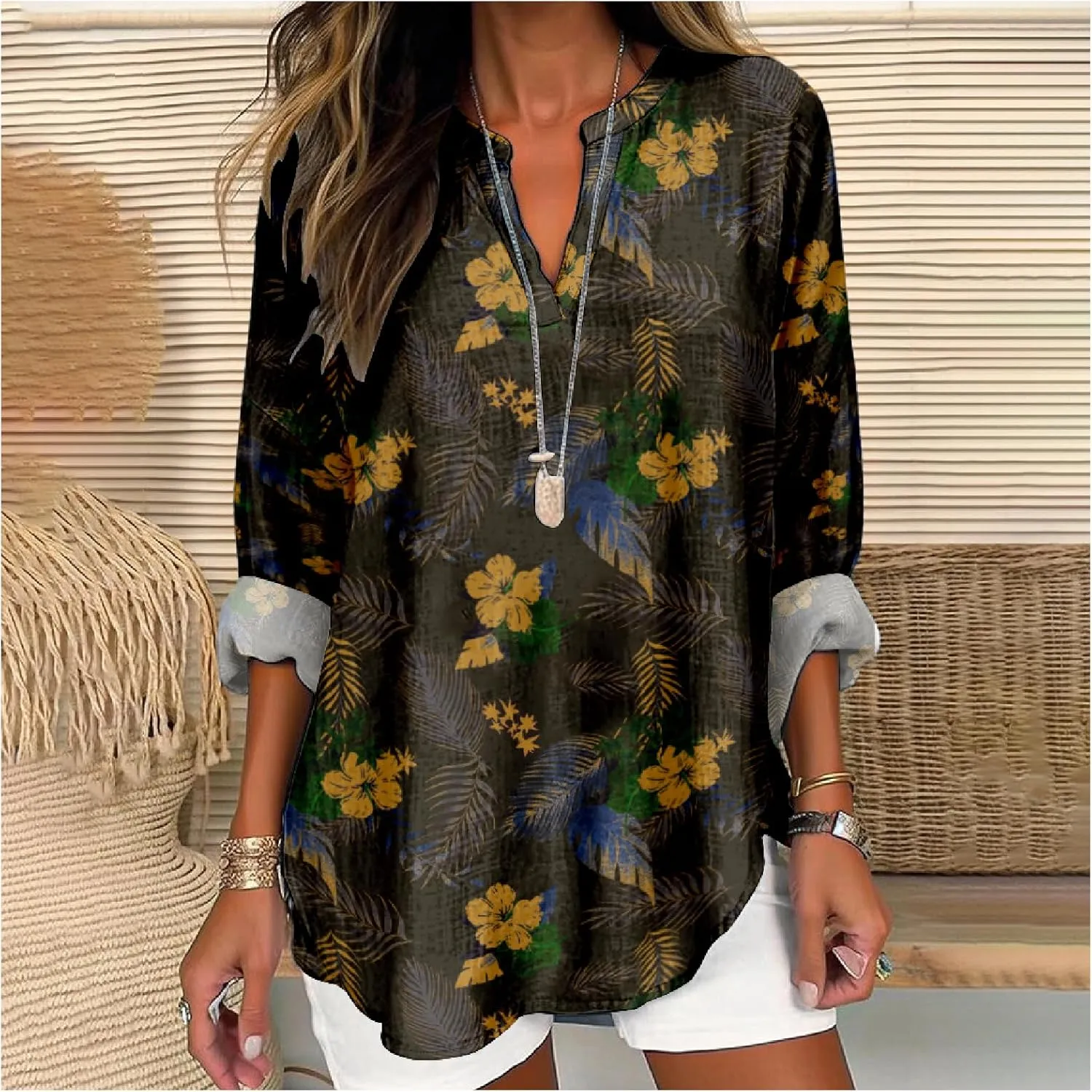 Womens Hawaiian Shirts and Blouses Long Sleeve V Neck Flamingo Print Breathable Summer Plam Leaf Floral Tshirt