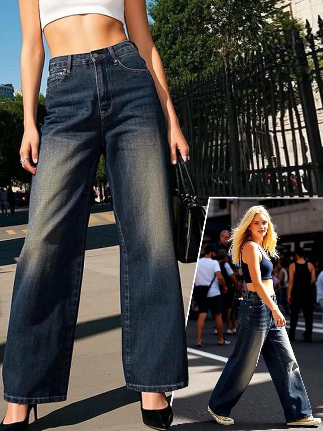 Women's High Waisted Wide Leg Jeans Stretchy Denim Pants, Tummy Control Boyfriend Jeans with Butt Lift