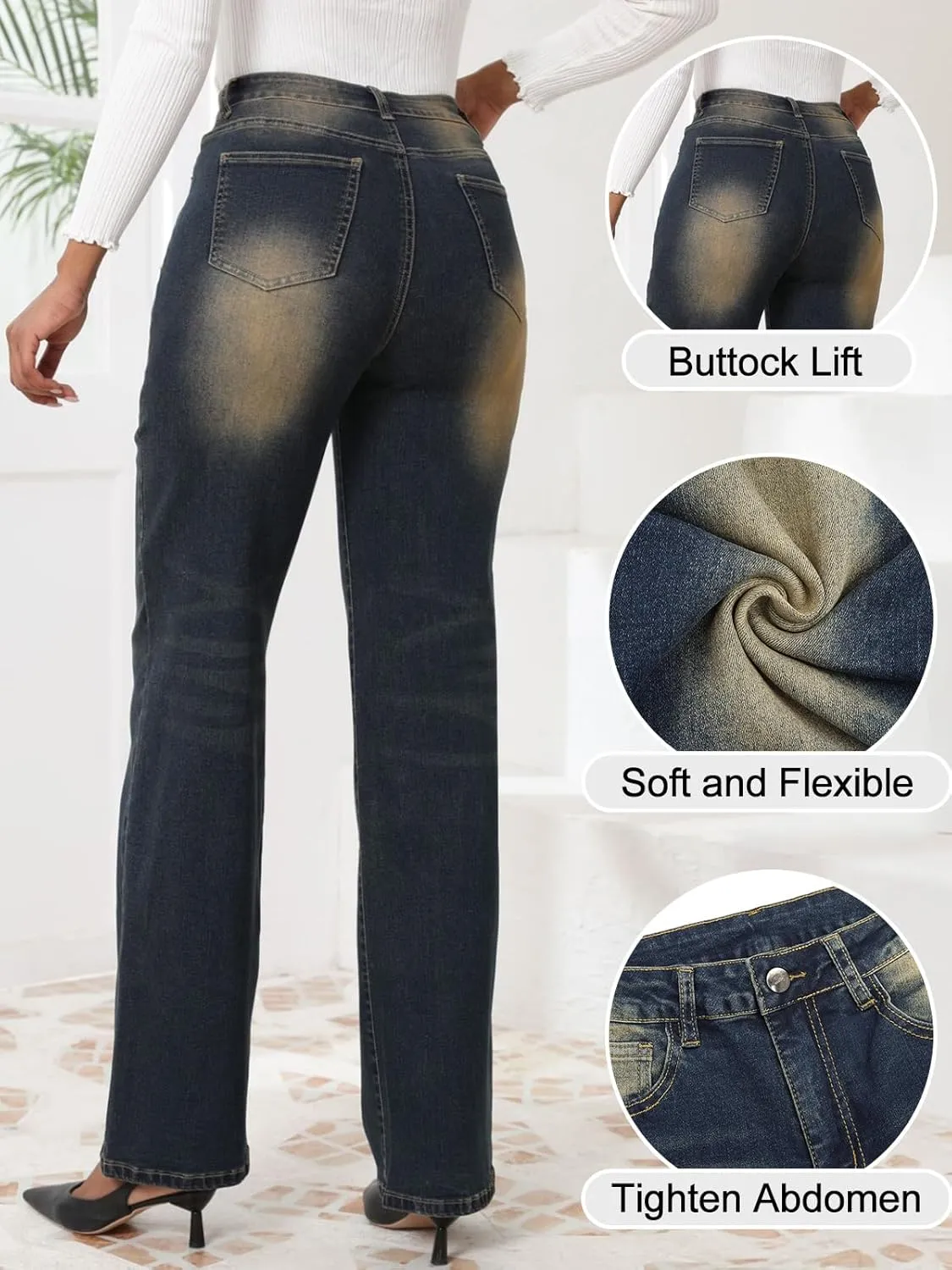 Women's High Waisted Wide Leg Jeans Stretchy Denim Pants, Tummy Control Boyfriend Jeans with Butt Lift