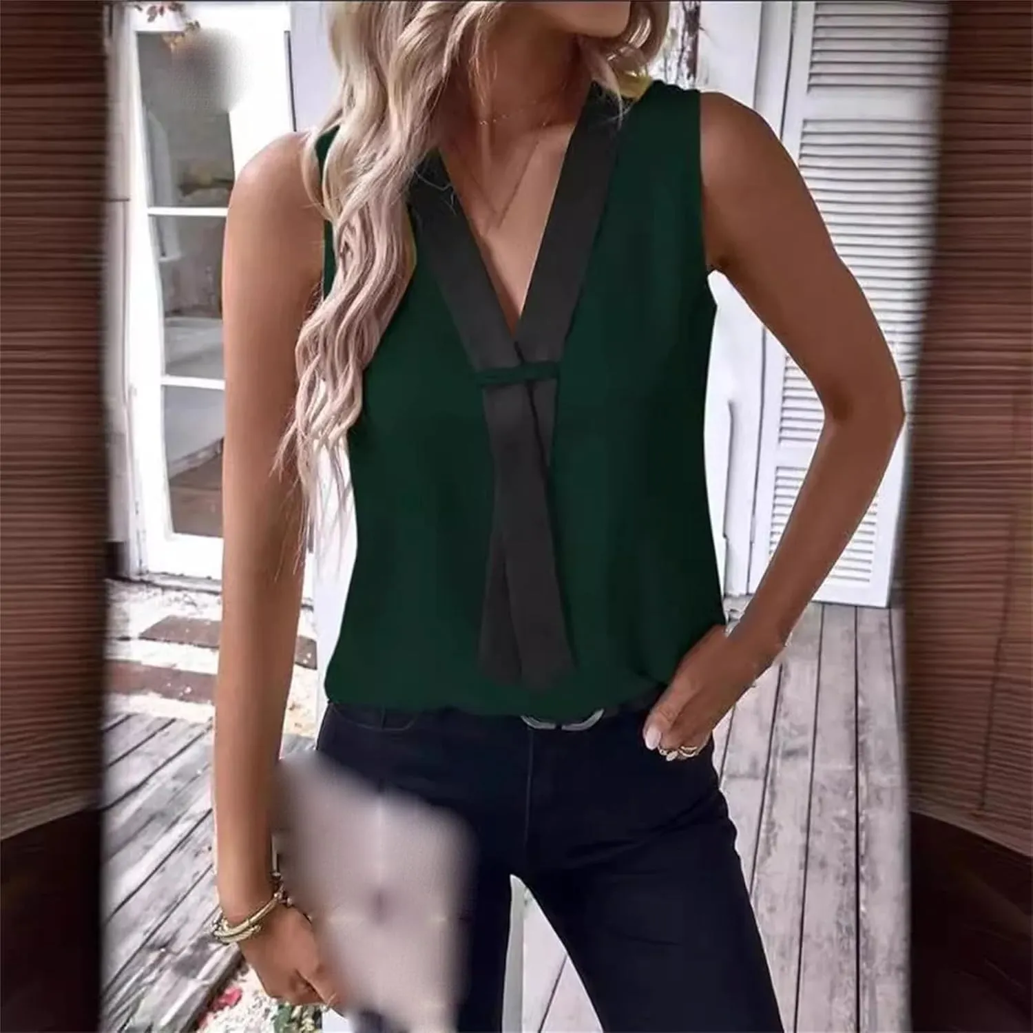 Women's Lightweight V-Neck Sleeveless Vest Summer Breathable Patchwork Work Blouses Shirt Casual Loose Fit Thank Top