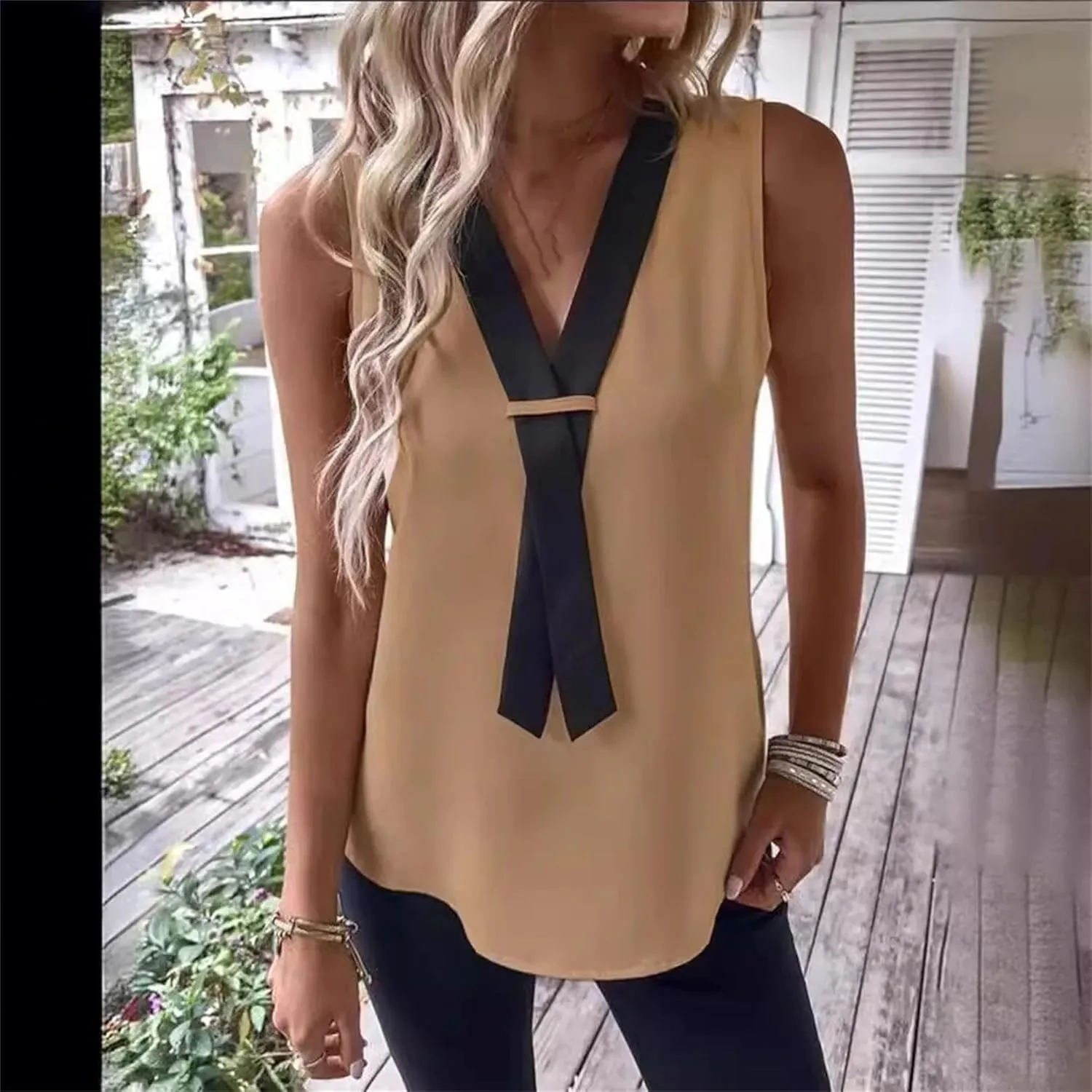 Women's Lightweight V-Neck Sleeveless Vest Summer Breathable Patchwork Work Blouses Shirt Casual Loose Fit Thank Top