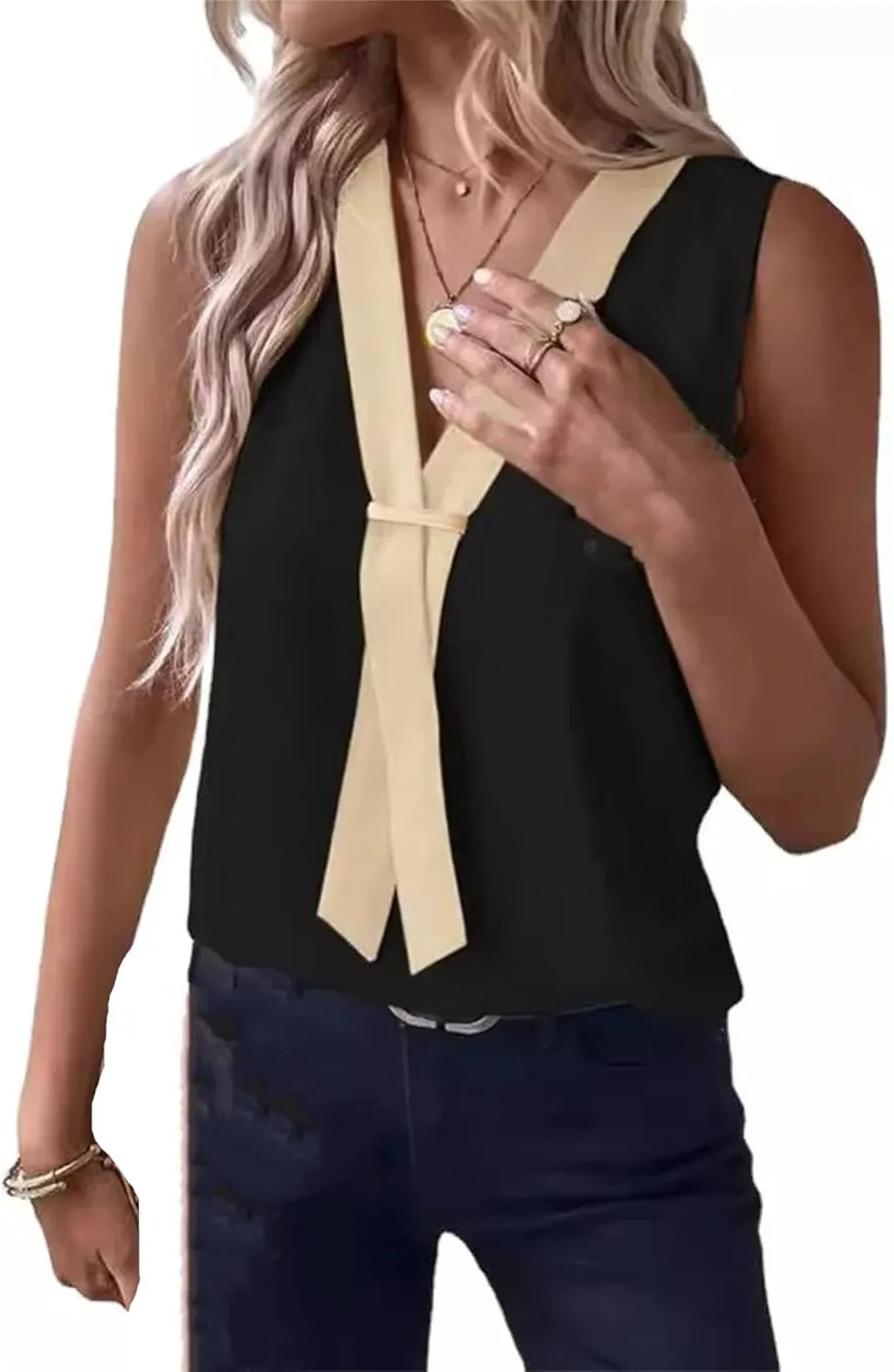 Women's Lightweight V-Neck Sleeveless Vest Summer Breathable Patchwork Work Blouses Shirt Casual Loose Fit Thank Top