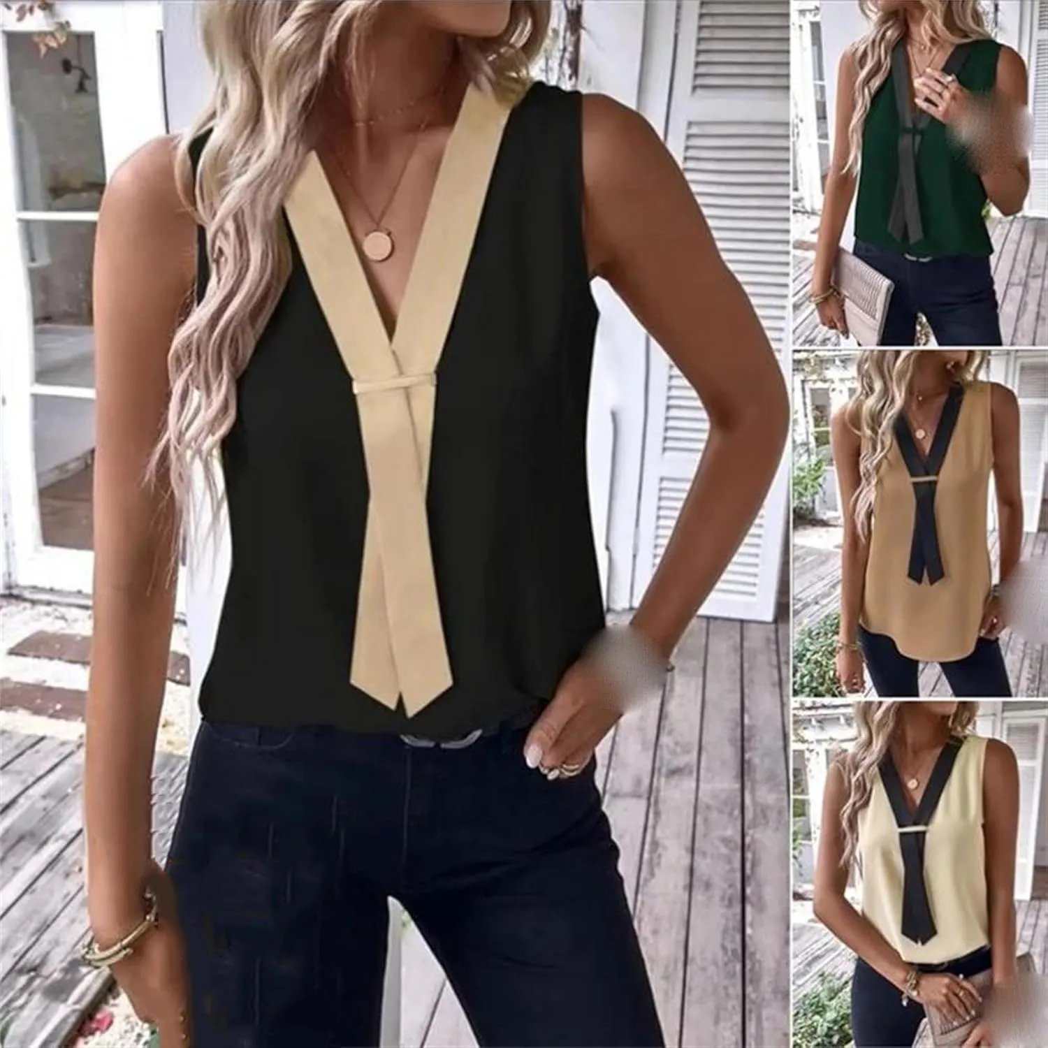 Women's Lightweight V-Neck Sleeveless Vest Summer Breathable Patchwork Work Blouses Shirt Casual Loose Fit Thank Top