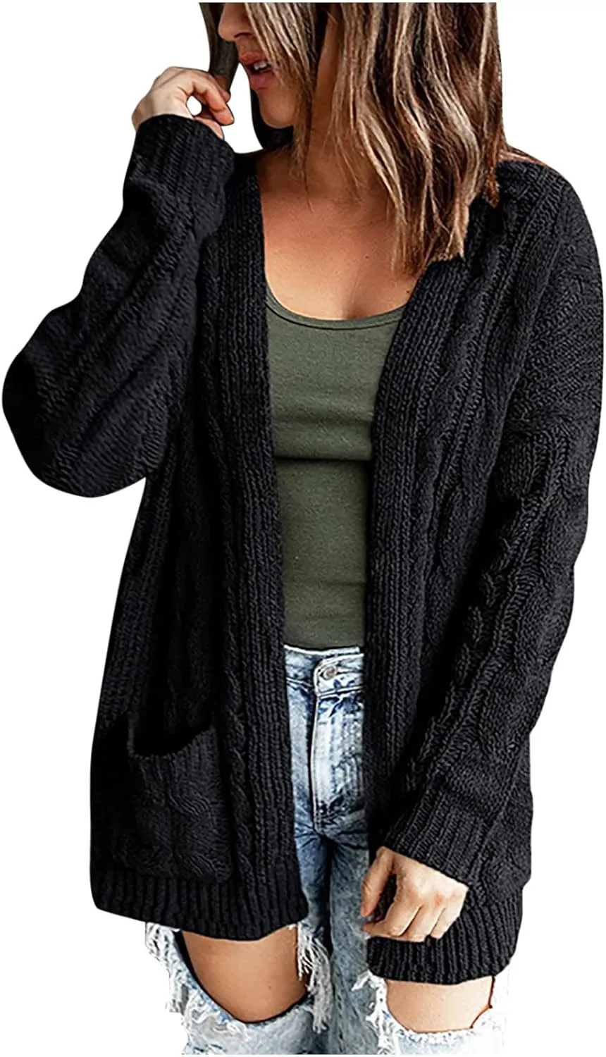 Women's Long Sleeve Cable Knit Sweater Open Front Chunky Cardigan Coat Casual Loose Outerwear Fall Soft Cozy Knitwear