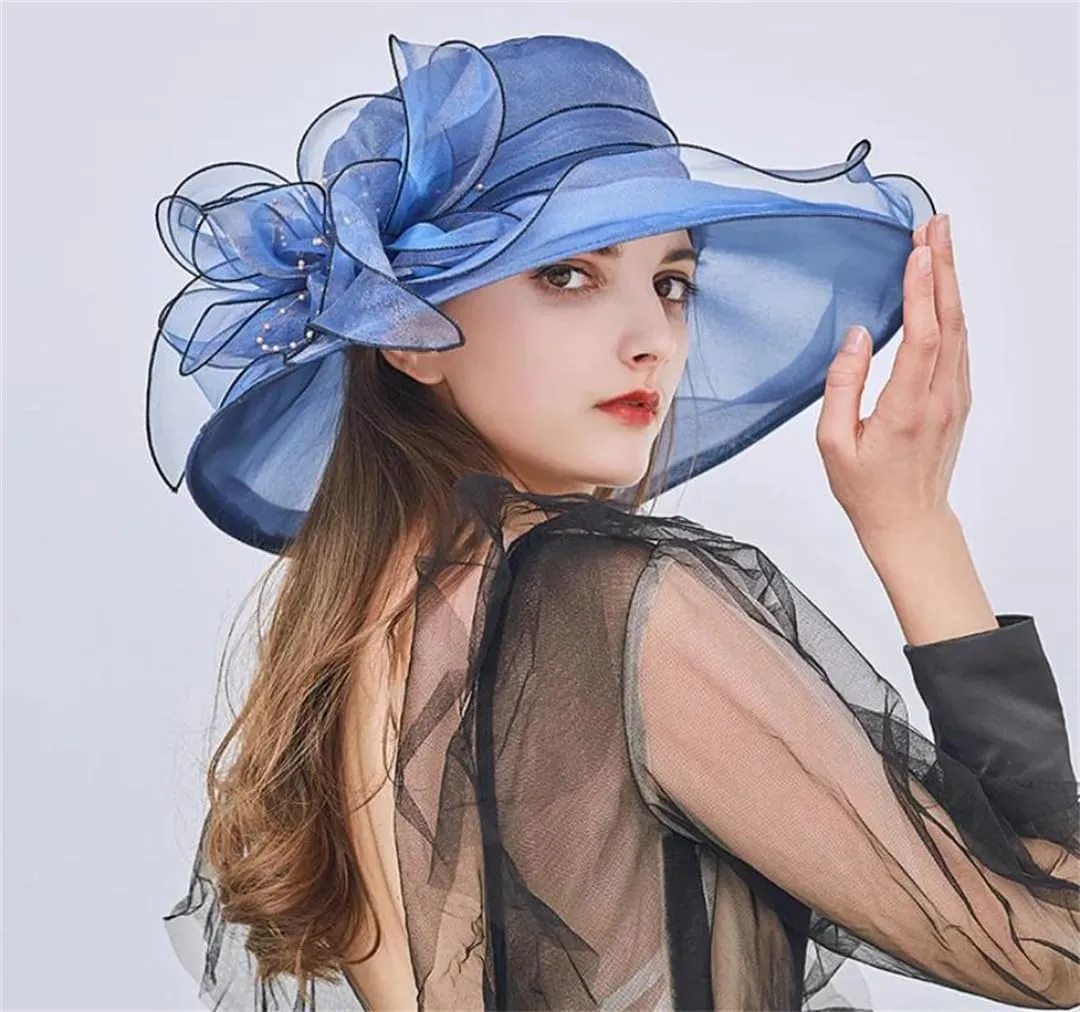 Women's Organza Church Hat Wide Brim Wedding Dress Tea Party Hat Flower Bow Sun Hat