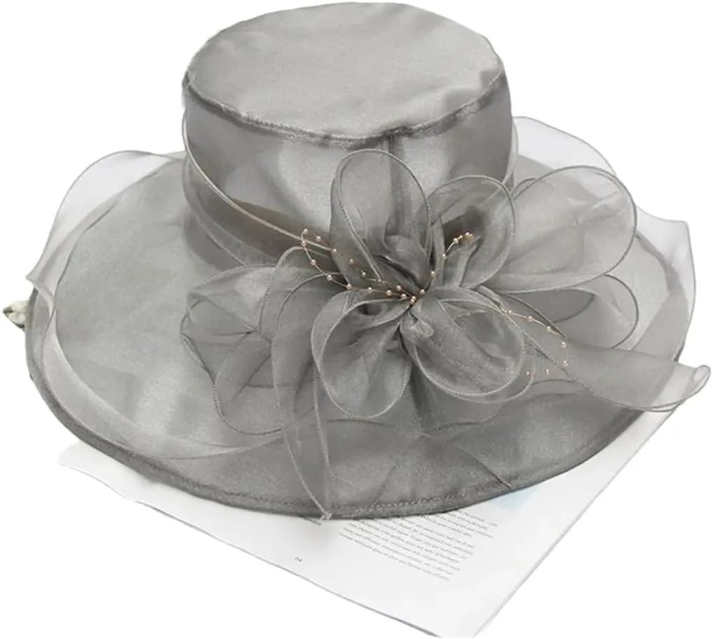 Women's Organza Church Hat Wide Brim Wedding Dress Tea Party Hat Flower Bow Sun Hat