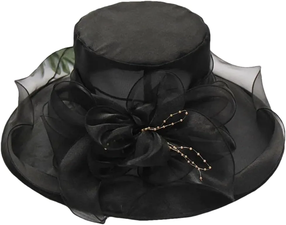 Women's Organza Church Hat Wide Brim Wedding Dress Tea Party Hat Flower Bow Sun Hat