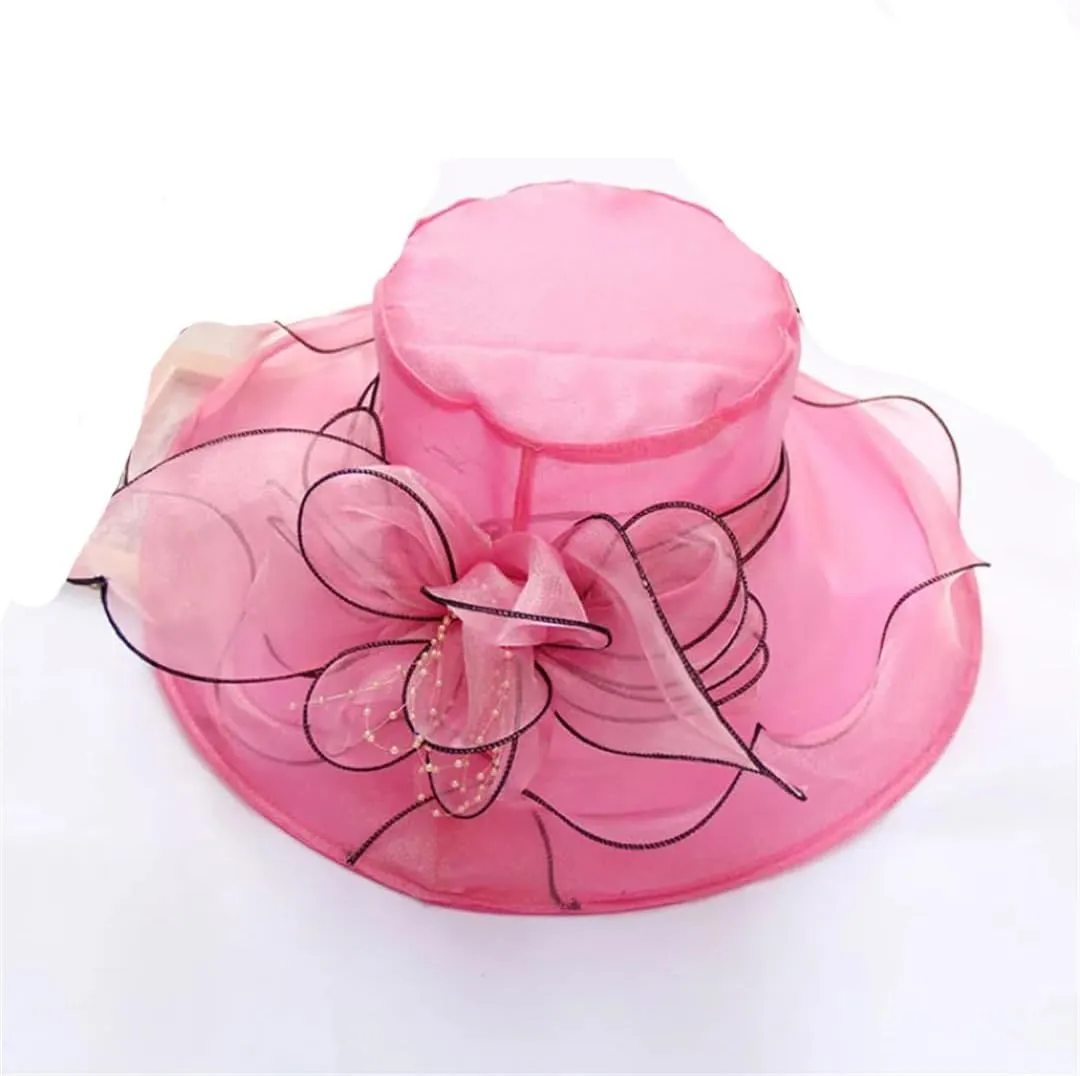 Women's Organza Church Hat Wide Brim Wedding Dress Tea Party Hat Flower Bow Sun Hat