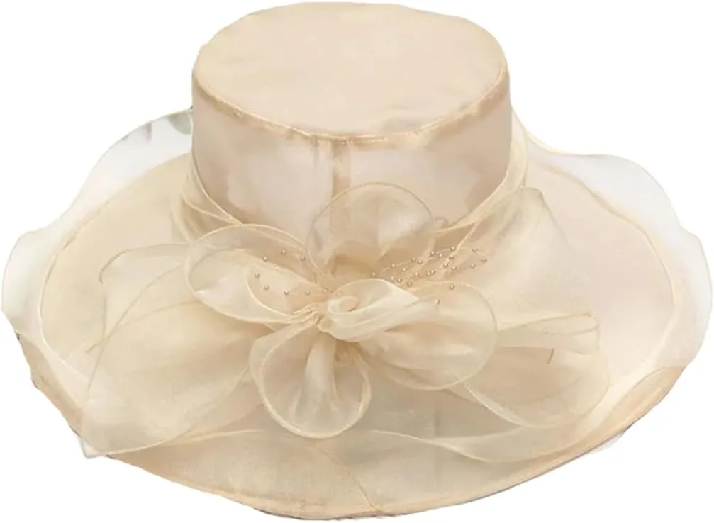 Women's Organza Church Hat Wide Brim Wedding Dress Tea Party Hat Flower Bow Sun Hat