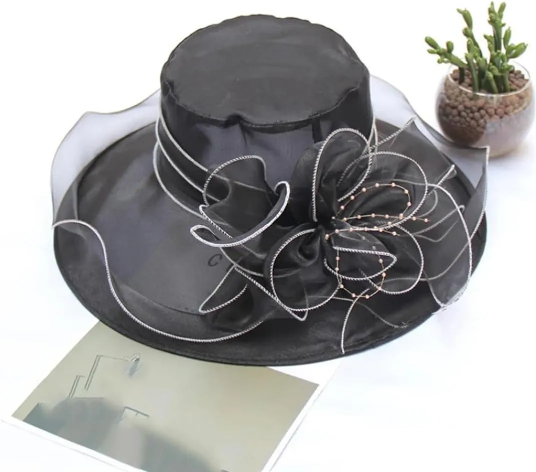 Women's Organza Church Hat Wide Brim Wedding Dress Tea Party Hat Flower Bow Sun Hat