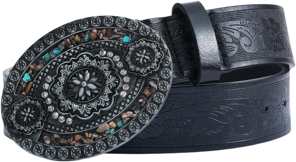 Women's Rhinestone Buckle Belt Floral Embossed Turquoise Leather Belt Cowgirl Vintage Waist Belt