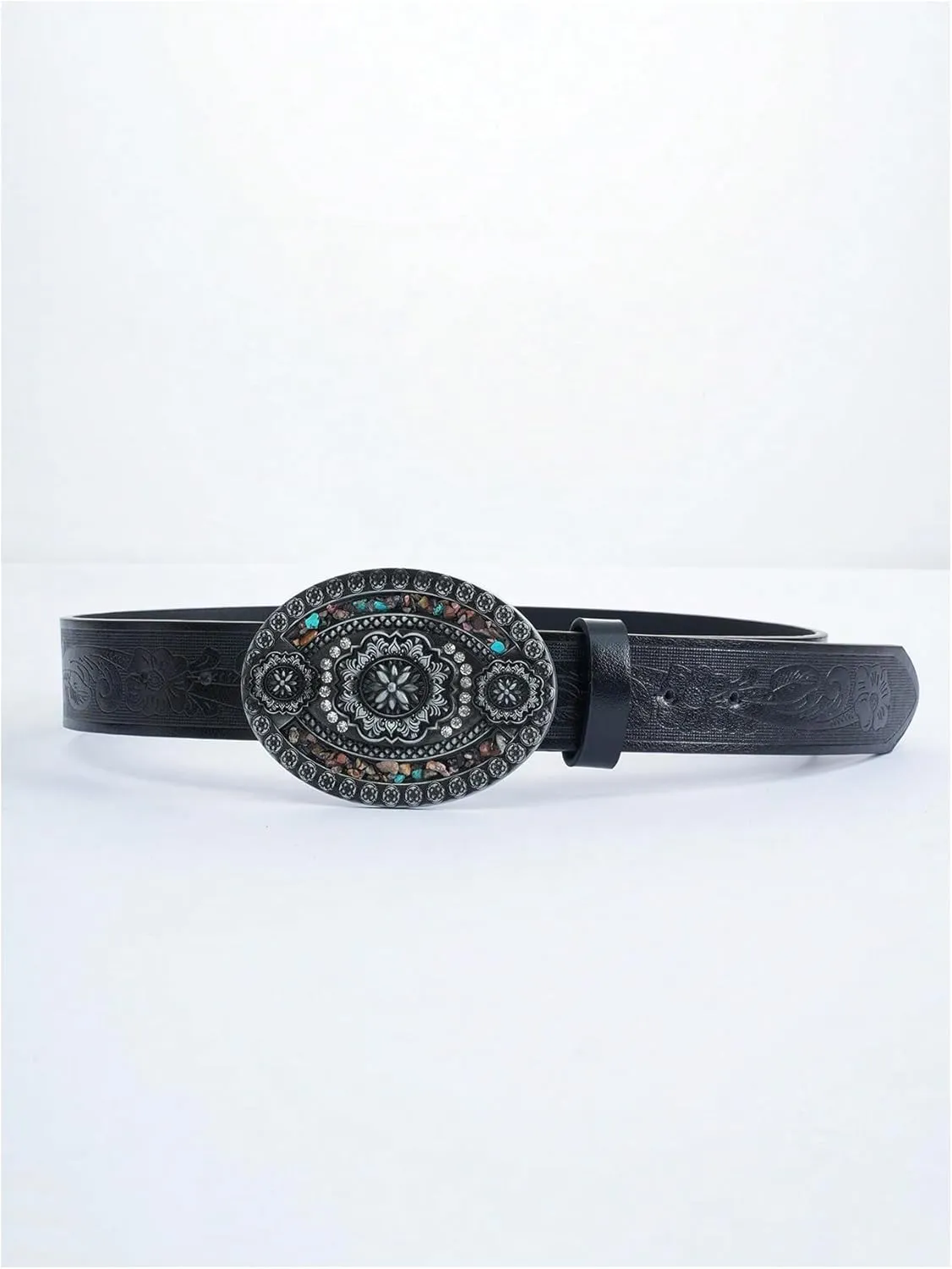 Women's Rhinestone Buckle Belt Floral Embossed Turquoise Leather Belt Cowgirl Vintage Waist Belt