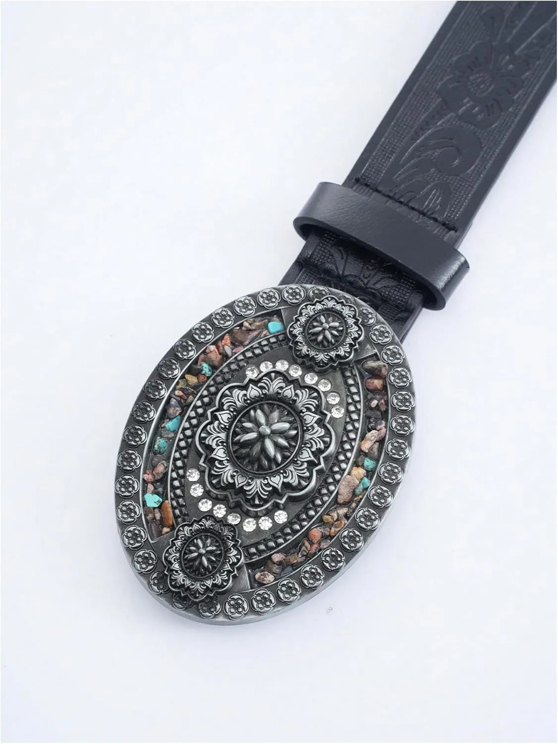 Women's Rhinestone Buckle Belt Floral Embossed Turquoise Leather Belt Cowgirl Vintage Waist Belt