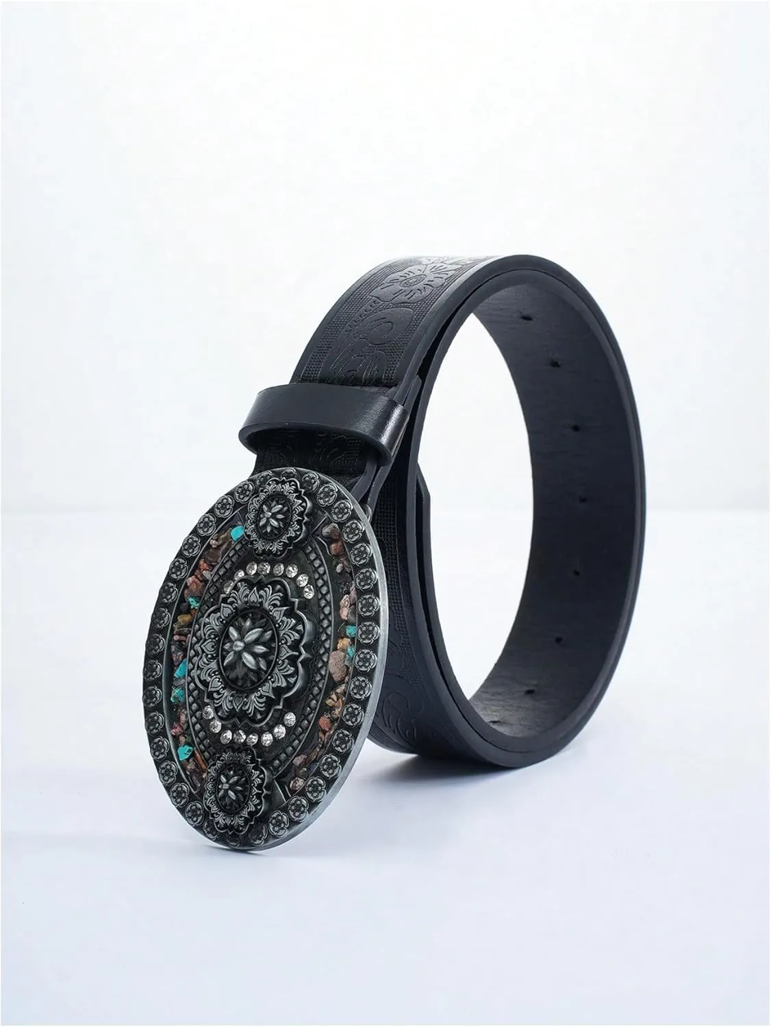 Women's Rhinestone Buckle Belt Floral Embossed Turquoise Leather Belt Cowgirl Vintage Waist Belt