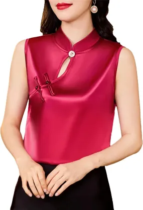 Women's Satin Blouse - Sleeveless Button-Down Summer Shirt, Breathable Evening Party Top for Wedding Guest & Casual Wear