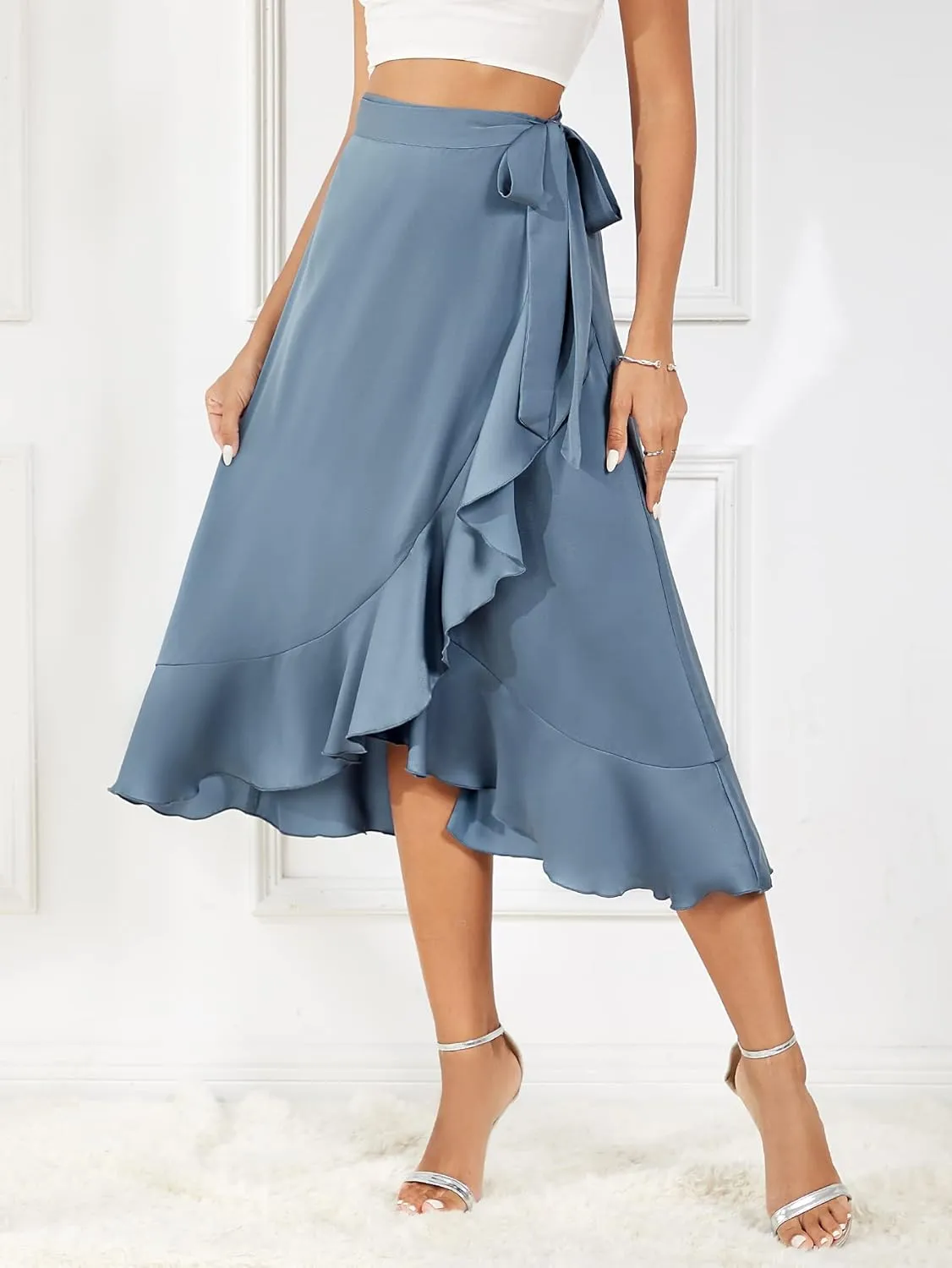 Women's Satin Wrap Skirt Adjustable Tie Ruffle Hem Flowy High Low Trendy Midi Skirt
