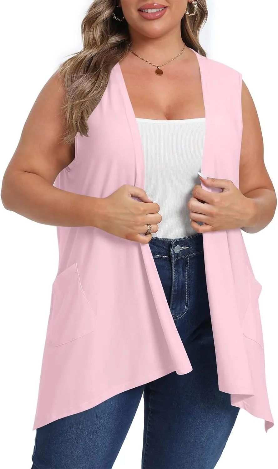 Women's Sleeveless Open Front Cardigan Soft Knit Summer Vests Lightweight Cool Coat High Low Hem Draped Duster
