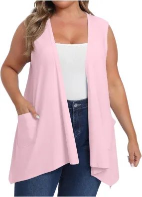 Women's Sleeveless Open Front Cardigan Soft Knit Summer Vests Lightweight Cool Coat High Low Hem Draped Duster
