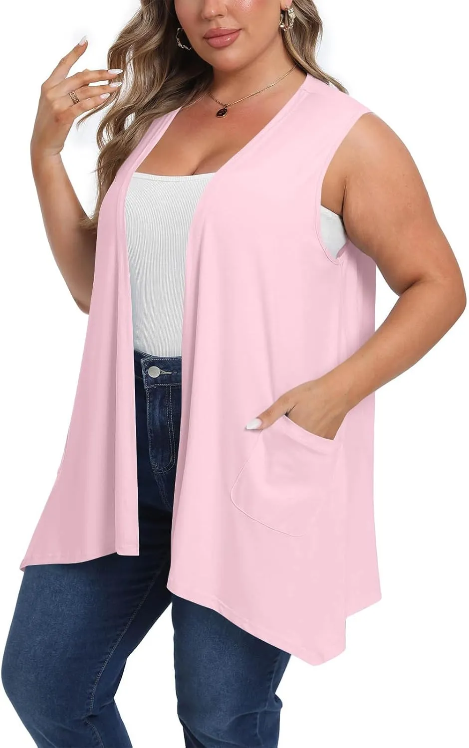 Women's Sleeveless Open Front Cardigan Soft Knit Summer Vests Lightweight Cool Coat High Low Hem Draped Duster