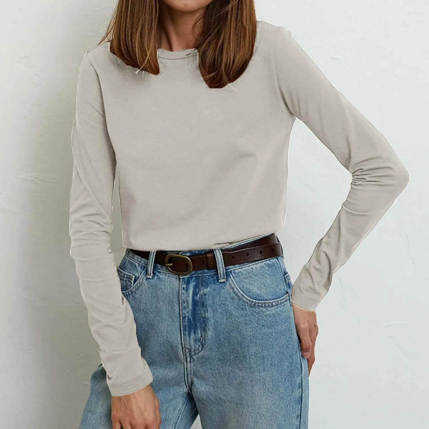 Women's Solid Color Tunic Tops Casual Long Sleeve Shirts Round Neck Pullover Loose Breathable Base Layer Blouse